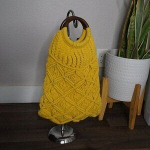 Mustard knit bohemian summer bag with wooden round handles